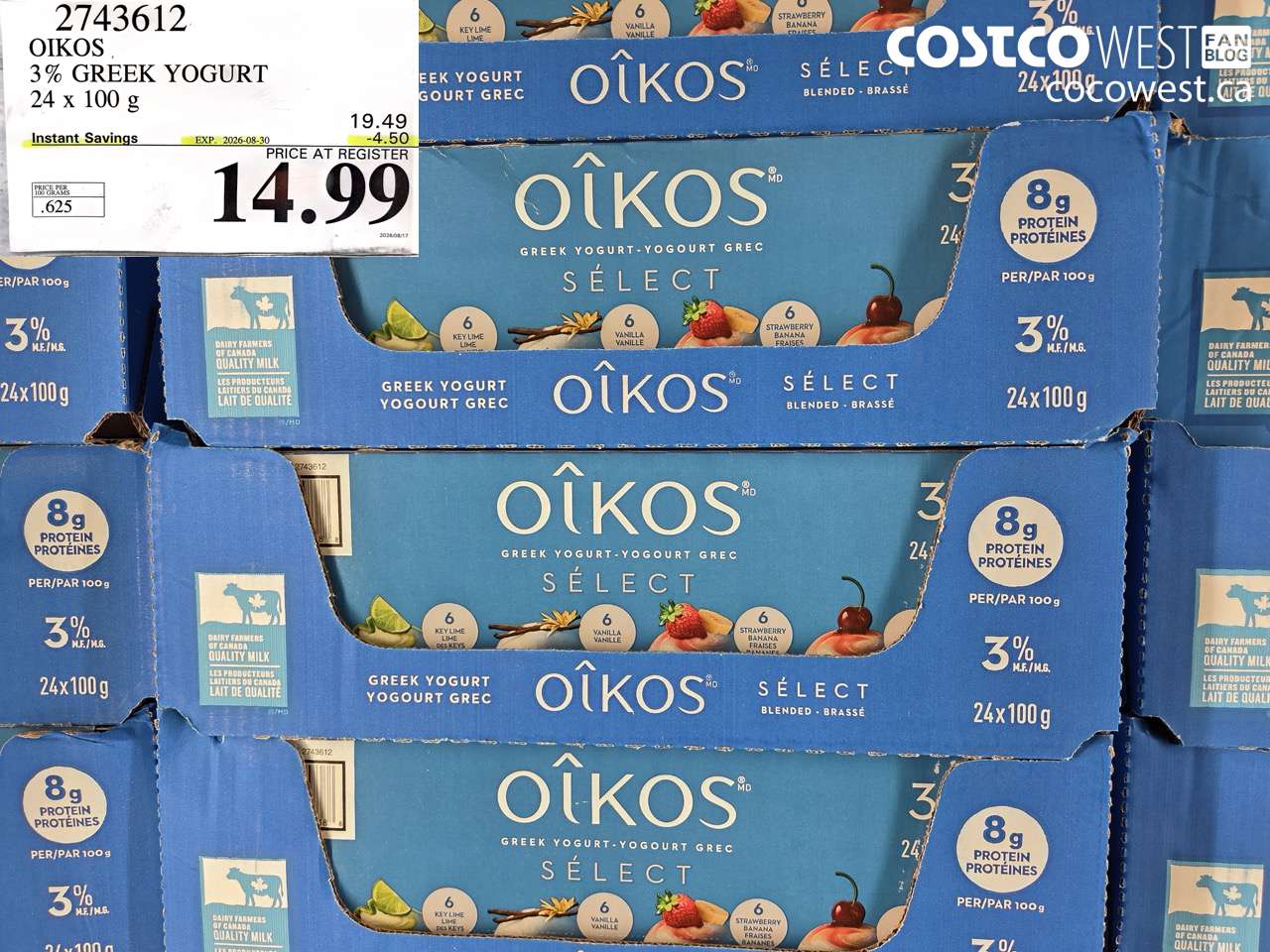 2743612 OIKOS 3% GREEK YOGURT 24 X 100 G ($4.50 INSTANT SAVINGS EXPIRES ON 2026-08-30) $14.99