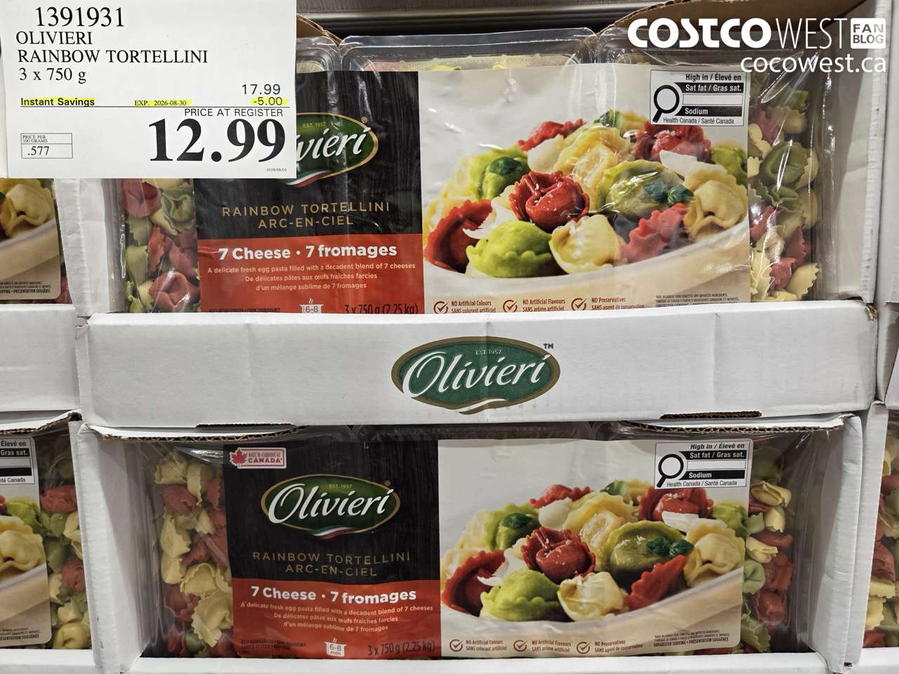 1391931 OLIVIERI RAINBOW TORTELLINI 3 X 750 G ($5.00 INSTANT SAVINGS EXPIRES ON 2026-08-30) $12.99
