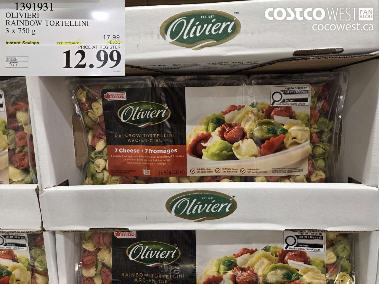 1391931 OLIVIERI RAINBOW TORTELLINI 3 X 750 G ($5.00 INSTANT SAVINGS EXPIRES ON 2026-08-30) $12.99