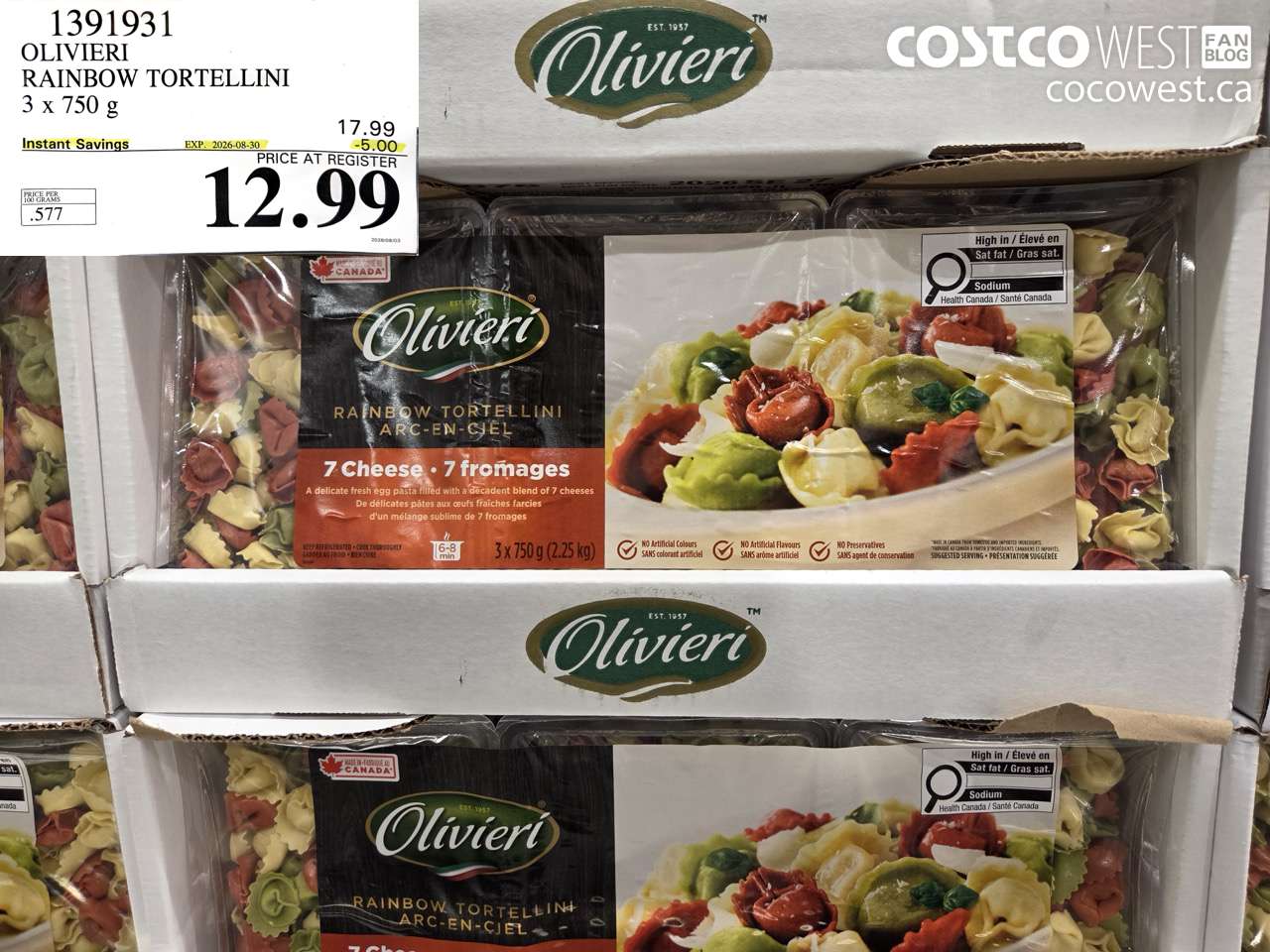 1391931 OLIVIERI RAINBOW TORTELLINI 3 X 750 G ($5.00 INSTANT SAVINGS EXPIRES ON 2026-08-30) $12.99