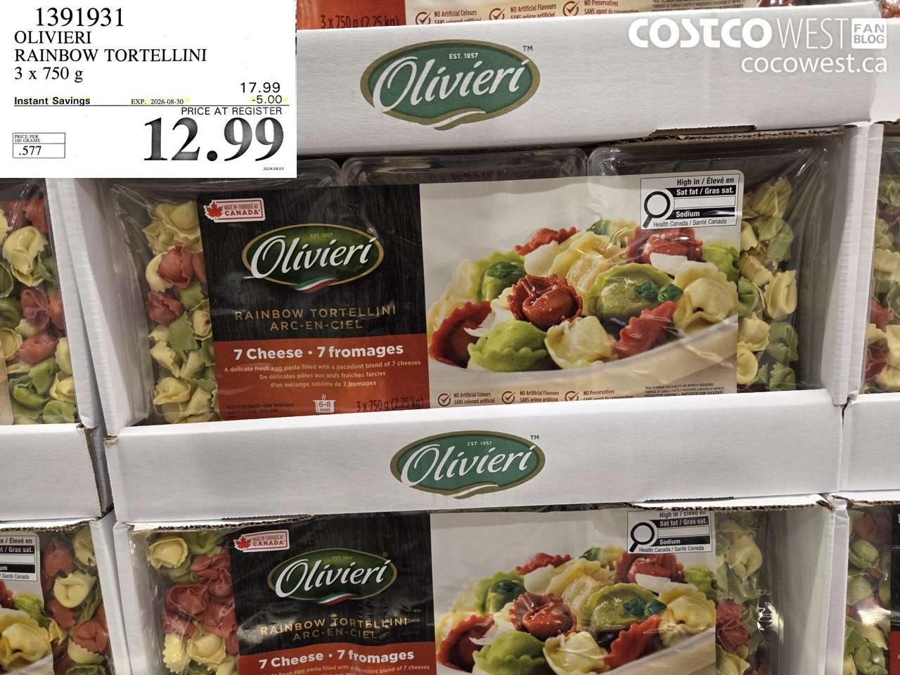 1391931 OLIVIERI RAINBOW TORTELLINI 3 X 750 G ($5.00 INSTANT SAVINGS EXPIRES ON 2026-08-30) $12.99