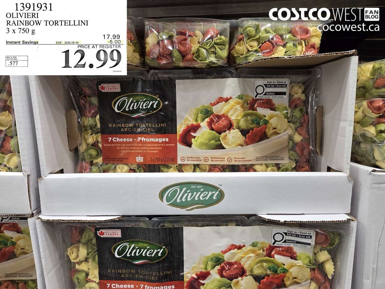 1391931 OLIVIERI RAINBOW TORTELLINI 3 X 750 G ($5.00 INSTANT SAVINGS EXPIRES ON 2026-08-30) $12.99
