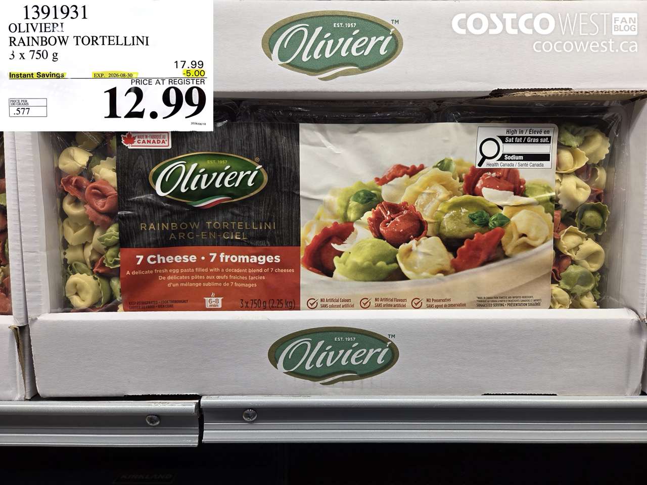 1391931 OLIVIERI RAINBOW TORTELLINI 3 X 750 G ($5.00 INSTANT SAVINGS EXPIRES ON 2026-08-30) $12.99