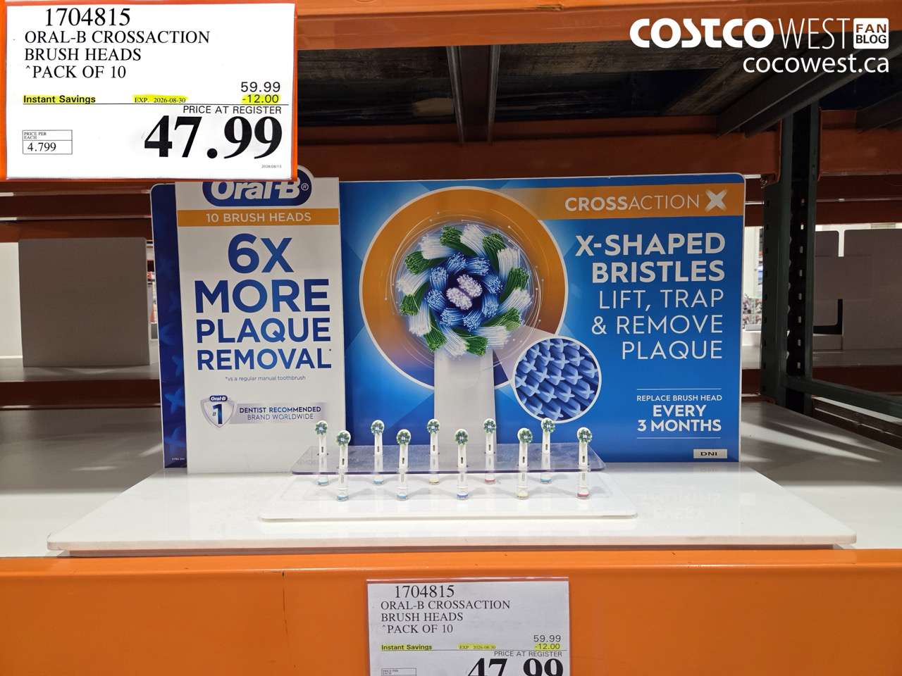 1704815 ORAL-B CROSSACTION BRUSH HEADS PACK OF 10 ($12.00 INSTANT SAVINGS EXPIRES ON 2026-08-30) $47.99