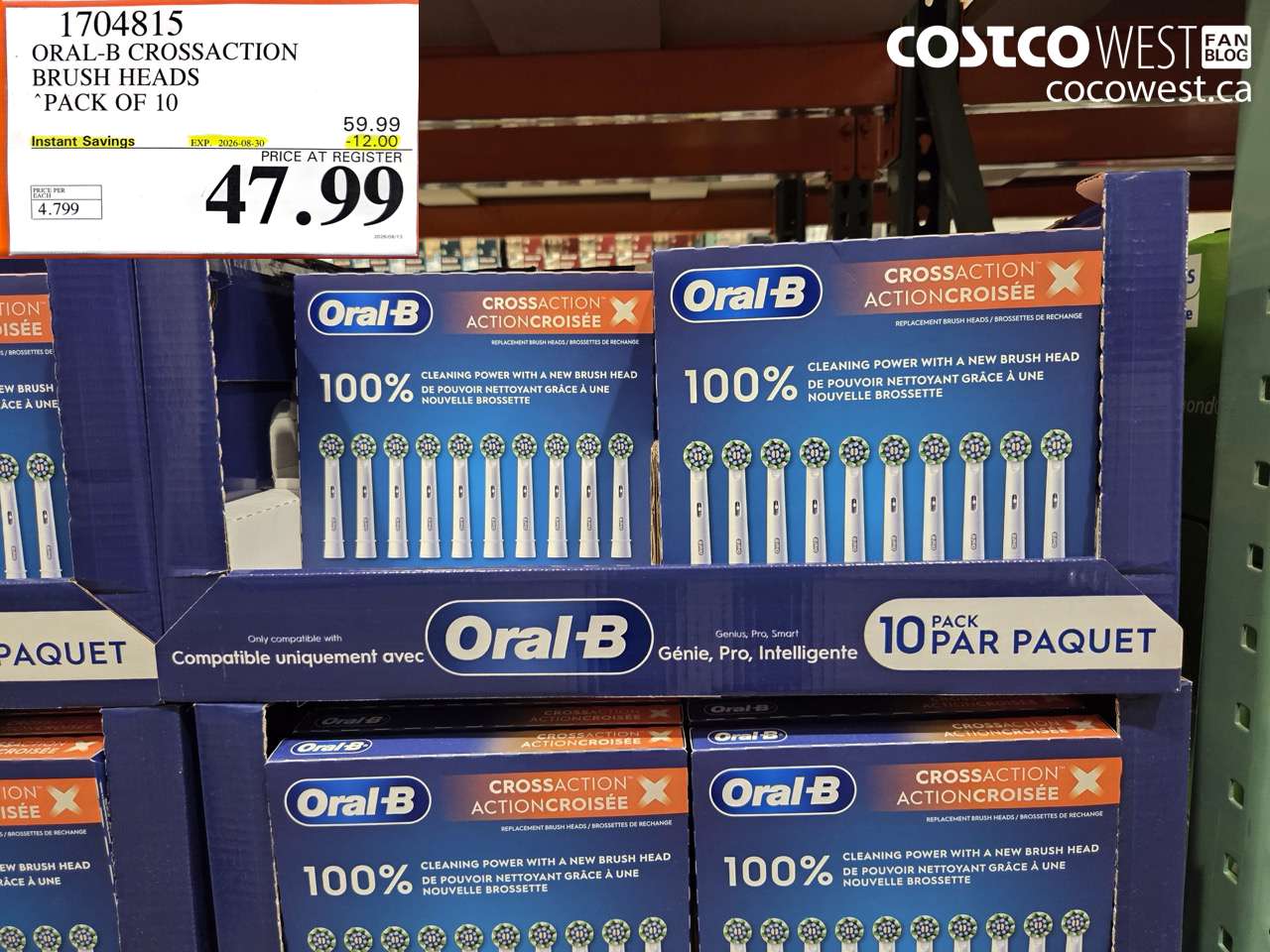 1704815 ORAL-B CROSSACTION BRUSH HEADS PACK OF 10 ($12.00 INSTANT SAVINGS EXPIRES ON 2026-08-30) $47.99