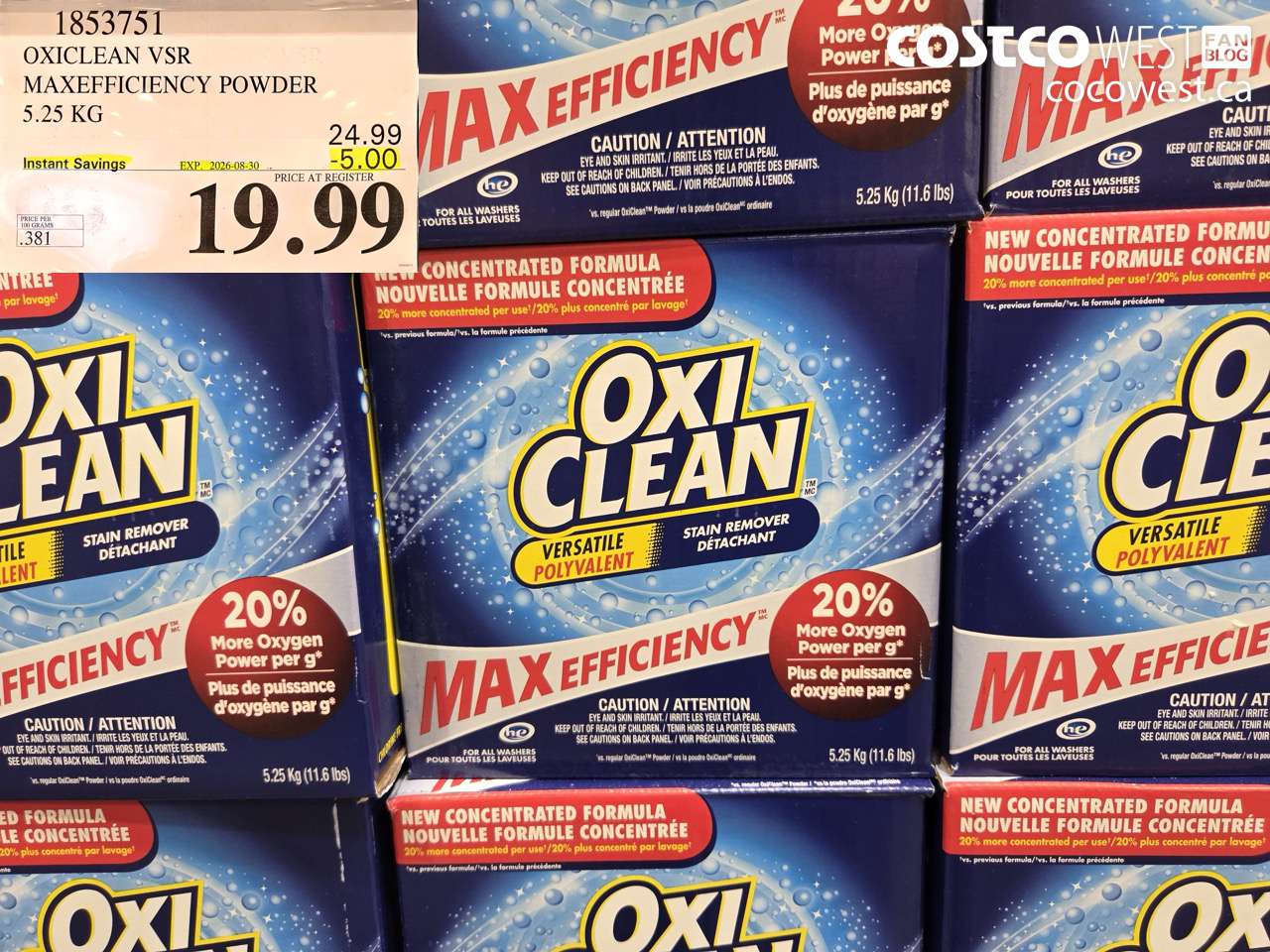 1853751 OXICLEAN VSR MAXEFFICIENCY POWDER 5.25 KG ($5.00 INSTANT SAVINGS EXPIRES ON 2026-08-30) $19.99
