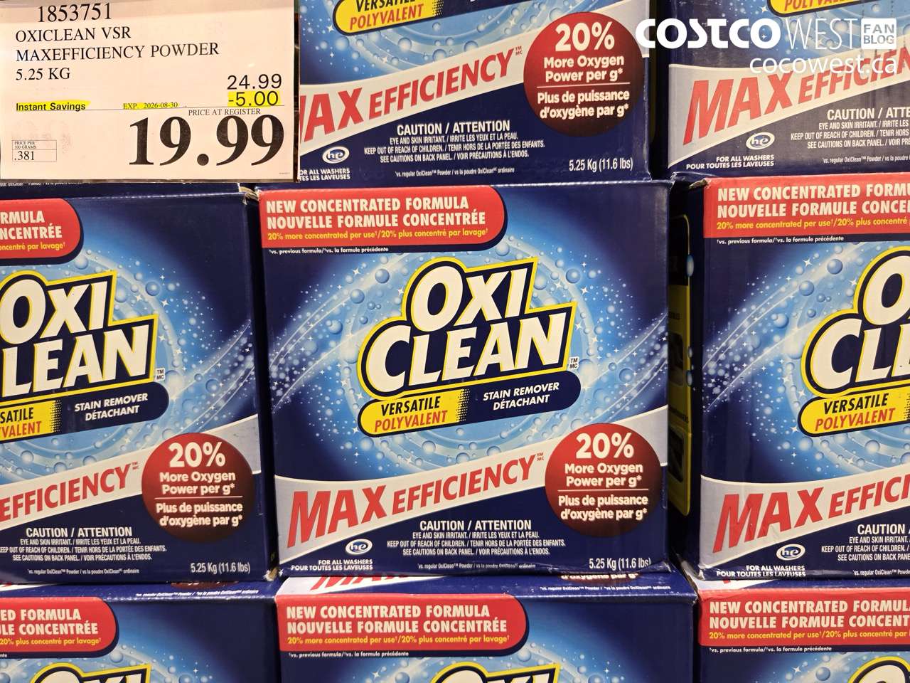 1853751 OXICLEAN VSR MAXEFFICIENCY POWDER 5.25 KG ($5.00 INSTANT SAVINGS EXPIRES ON 2026-08-30) $19.99