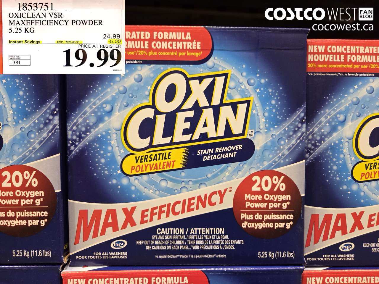 1853751 OXICLEAN VSR MAXEFFICIENCY POWDER 5.25 KG ($5.00 INSTANT SAVINGS EXPIRES ON 2026-08-30) $19.99
