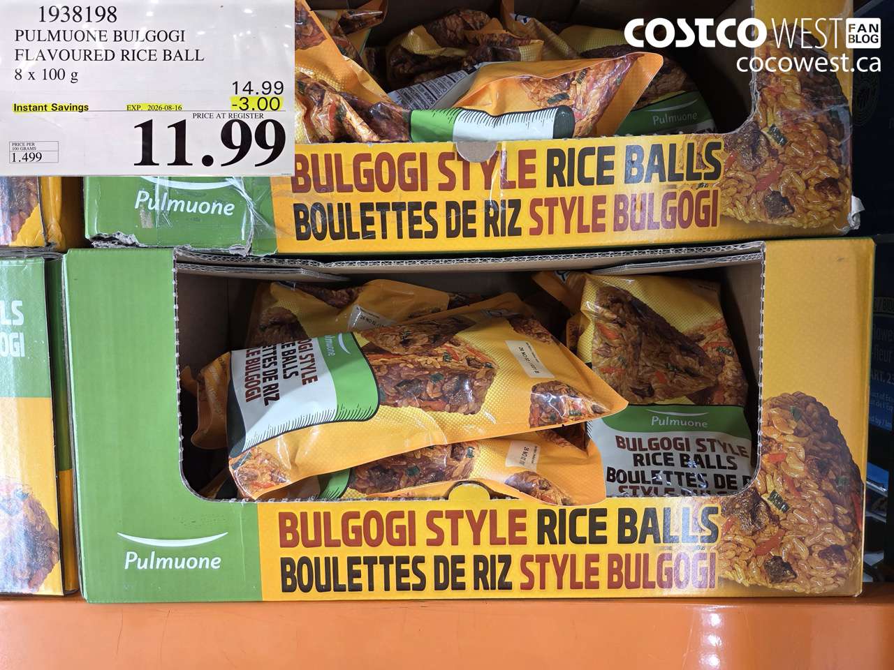 1938198 PULMUONE BULGOGI FLAVOURED RICE BALL 8 X 100 G ($3.00 INSTANT SAVINGS EXPIRES ON 2026-08-16) $11.99