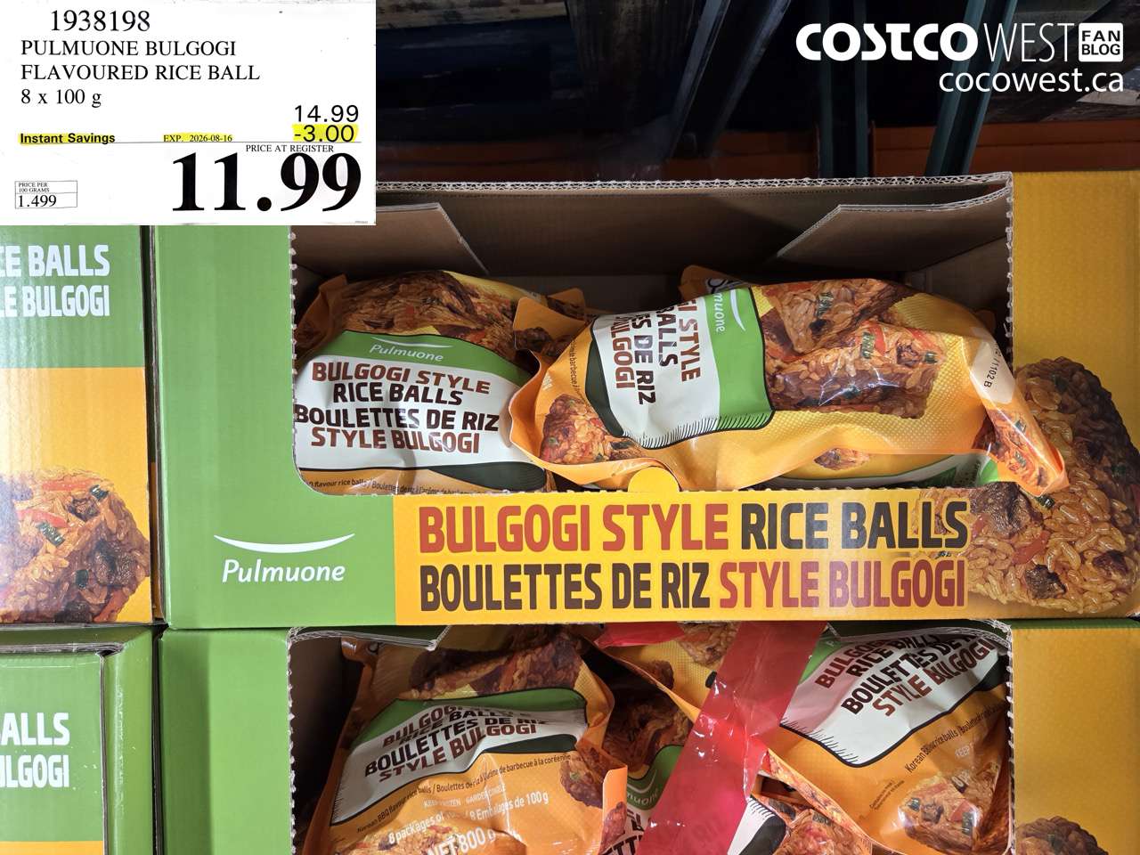 1938198 PULMUONE BULGOGI FLAVOURED RICE BALL 8 X 100 G ($3.00 INSTANT SAVINGS EXPIRES ON 2026-08-16) $11.99