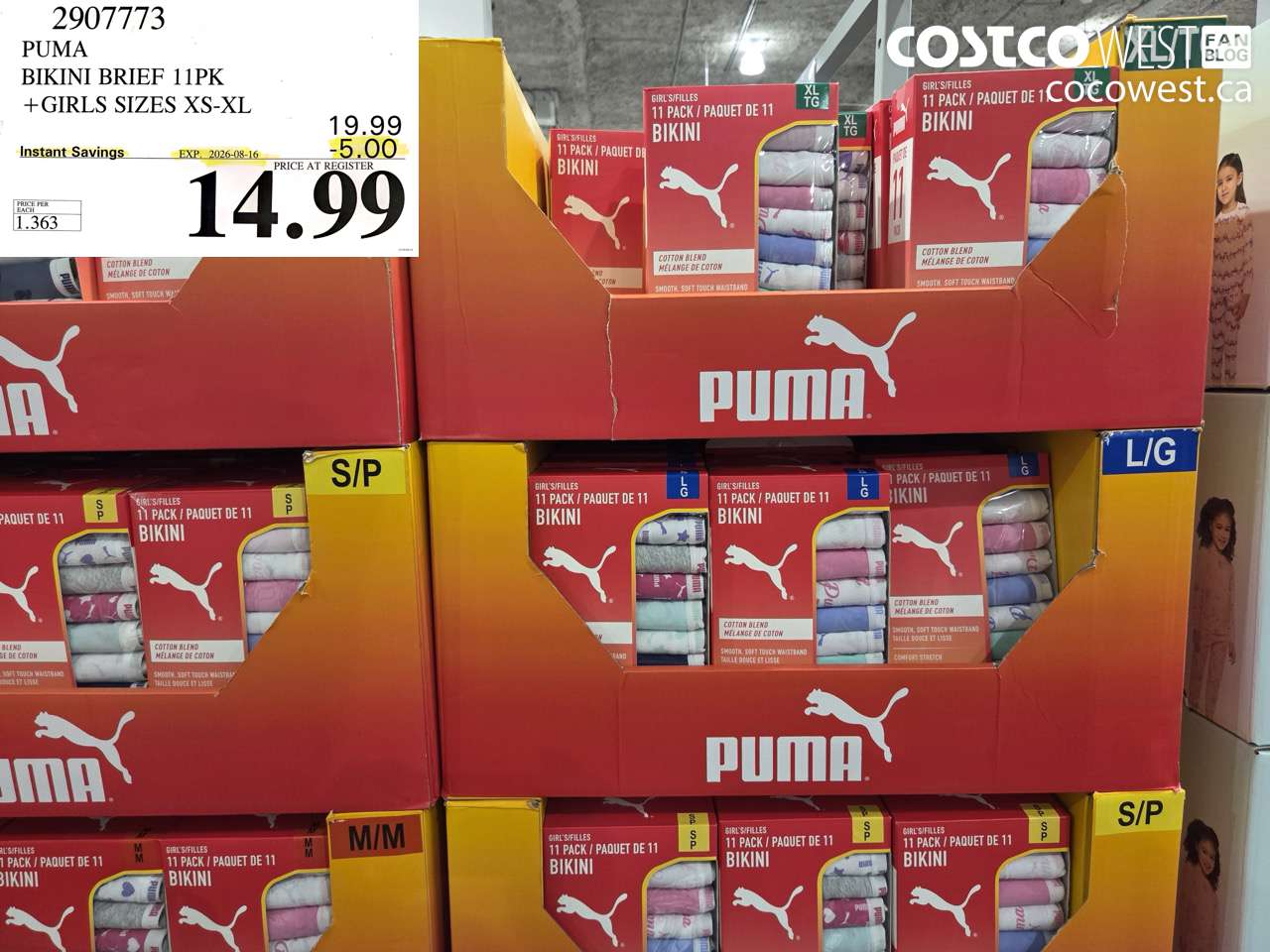 2907773 PUMA BIKINI BRIEF 11PK +GIRLS SIZES XS-XL ($5.00 INSTANT SAVINGS EXPIRES ON 2026-08-16) $14.99