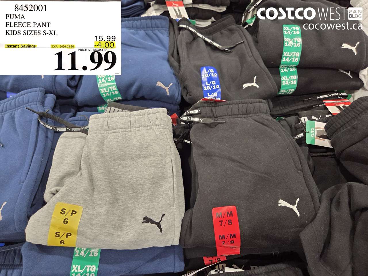 8452001 PUMA FLEECE PANT KIDS SIZES S-XL ($4.00 INSTANT SAVINGS EXPIRES ON 2026-08-30) $11.99