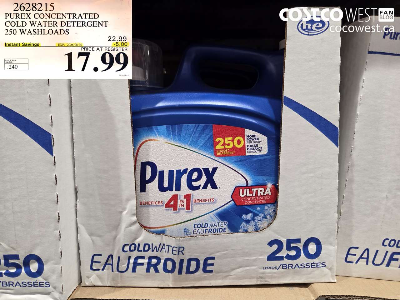 2628215 PUREX CONCENTRATED COLD WATER DETERGENT 250 WASHLOADS ($5.00 INSTANT SAVINGS EXPIRES ON 2026-08-30) $17.99