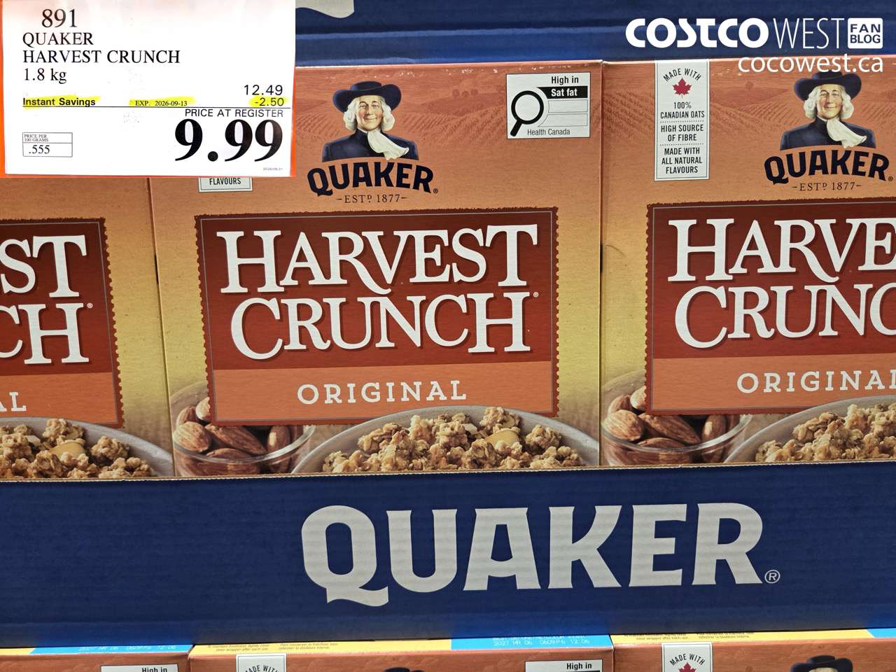 891 QUAKER HARVEST CRUNCH 1.8 KG ($2.50 INSTANT SAVINGS EXPIRES ON 2026-09-13) $9.99