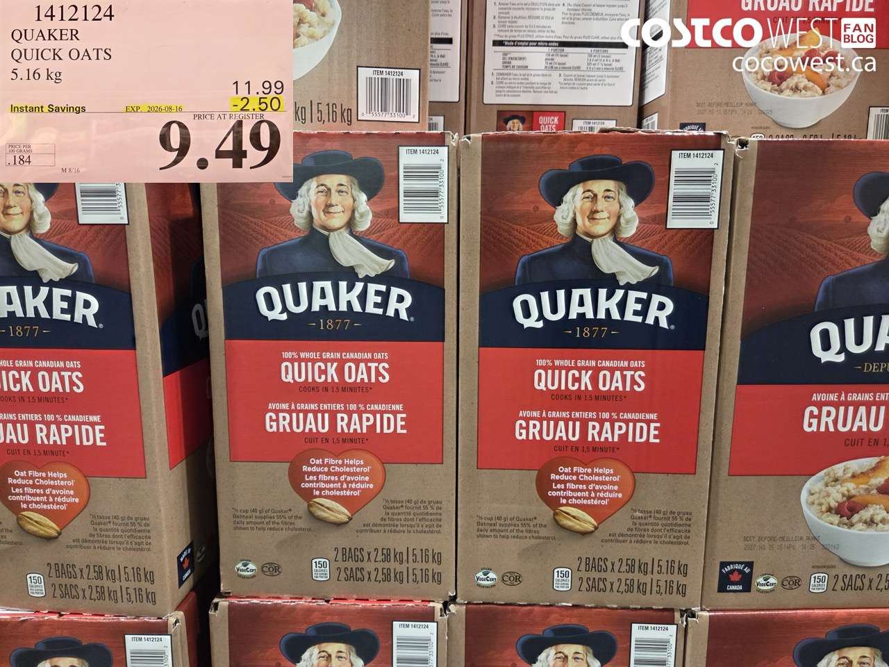 1412124 QUAKER QUICK OATS 5.16 KG ($2.50 INSTANT SAVINGS EXPIRES ON 2026-08-16) $9.49
