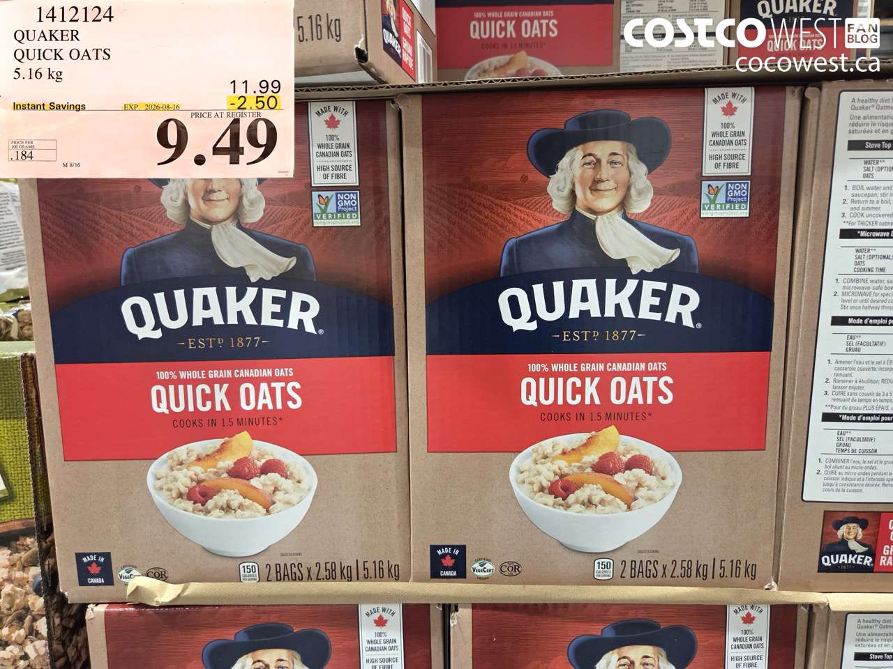 1412124 QUAKER QUICK OATS 5.16 KG ($2.50 INSTANT SAVINGS EXPIRES ON 2026-08-16) $9.49