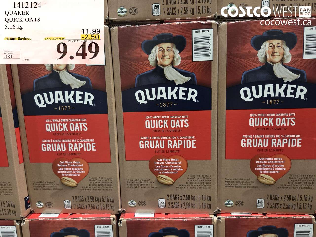 1412124 QUAKER QUICK OATS 5.16 KG ($2.50 INSTANT SAVINGS EXPIRES ON 2026-08-16) $9.49