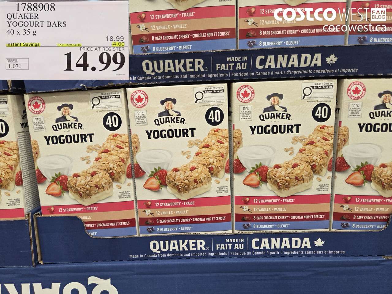 1788908 QUAKER YOGOURT BARS 40 X 35 G ($4.00 INSTANT SAVINGS EXPIRES ON 2026-08-16) $14.99