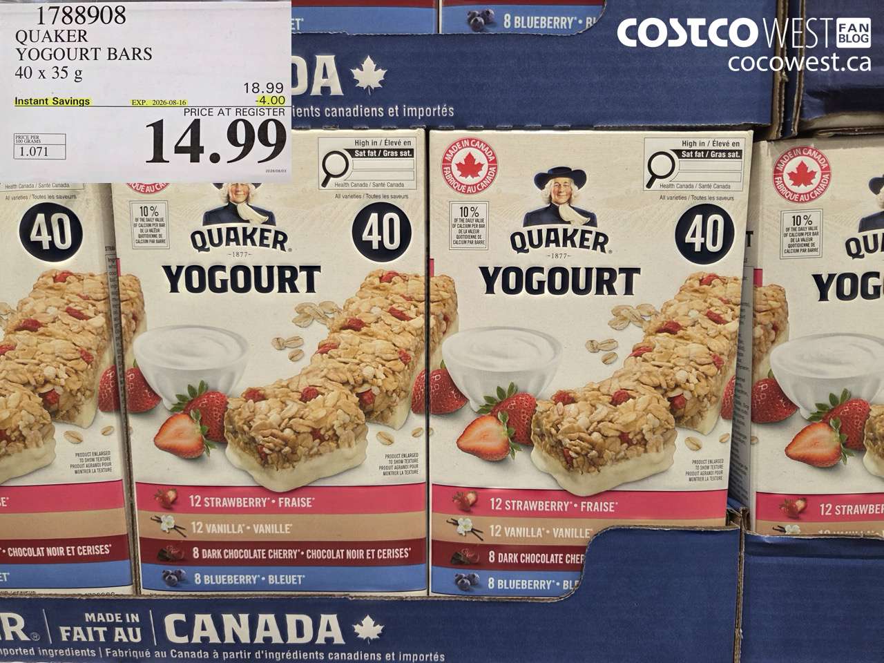 1788908 QUAKER YOGOURT BARS 40 X 35 G ($4.00 INSTANT SAVINGS EXPIRES ON 2026-08-16) $14.99