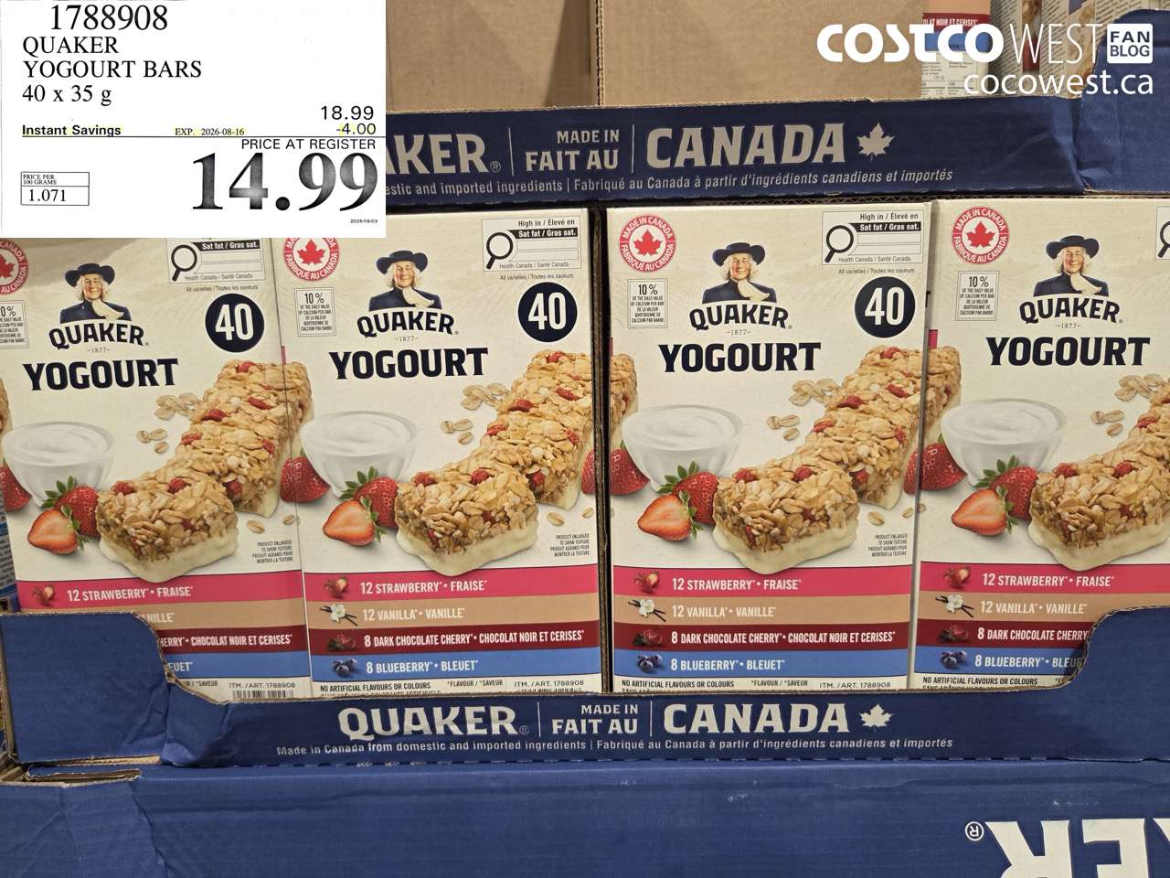 1788908 QUAKER YOGOURT BARS 40 X 35 G ($4.00 INSTANT SAVINGS EXPIRES ON 2026-08-16) $14.99
