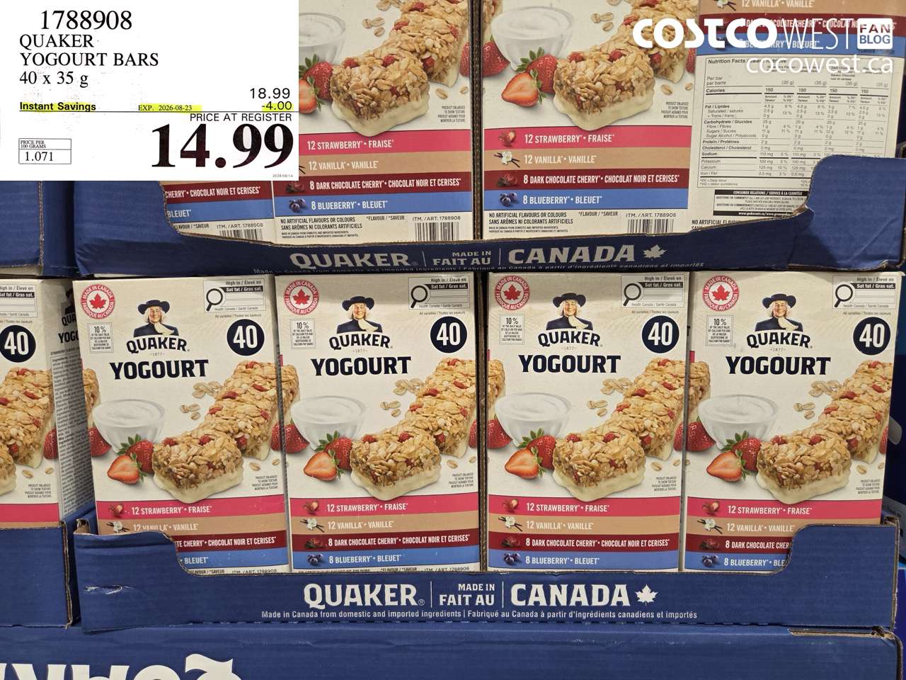 1788908 QUAKER YOGOURT BARS 40 X 35 G ($4.00 INSTANT SAVINGS EXPIRES ON 2026-08-23) $14.99