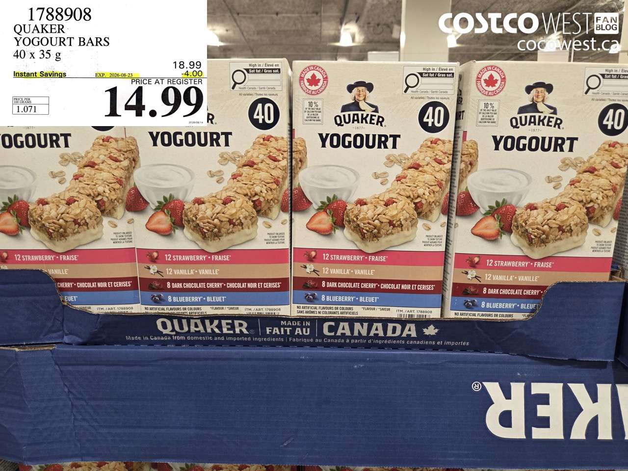 1788908 QUAKER YOGOURT BARS 40 X 35 G ($4.00 INSTANT SAVINGS EXPIRES ON 2026-08-23) $14.99