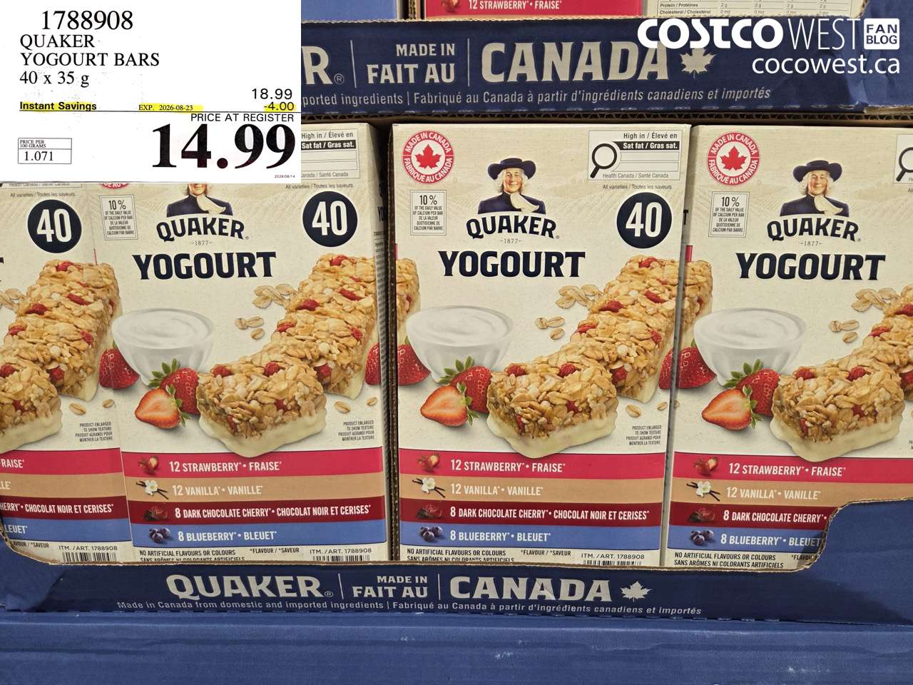 1788908 QUAKER YOGOURT BARS 40 X 35 G ($4.00 INSTANT SAVINGS EXPIRES ON 2026-08-23) $14.99