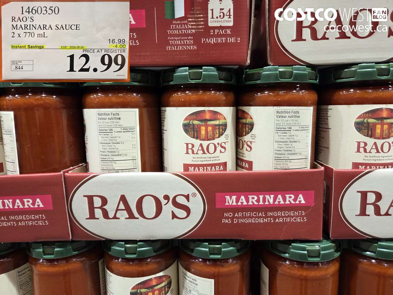 1460350 RAO'S MARINARA SAUCE 2 X 770 ML ($4.00 INSTANT SAVINGS EXPIRES ON 2026-08-04) $12.99