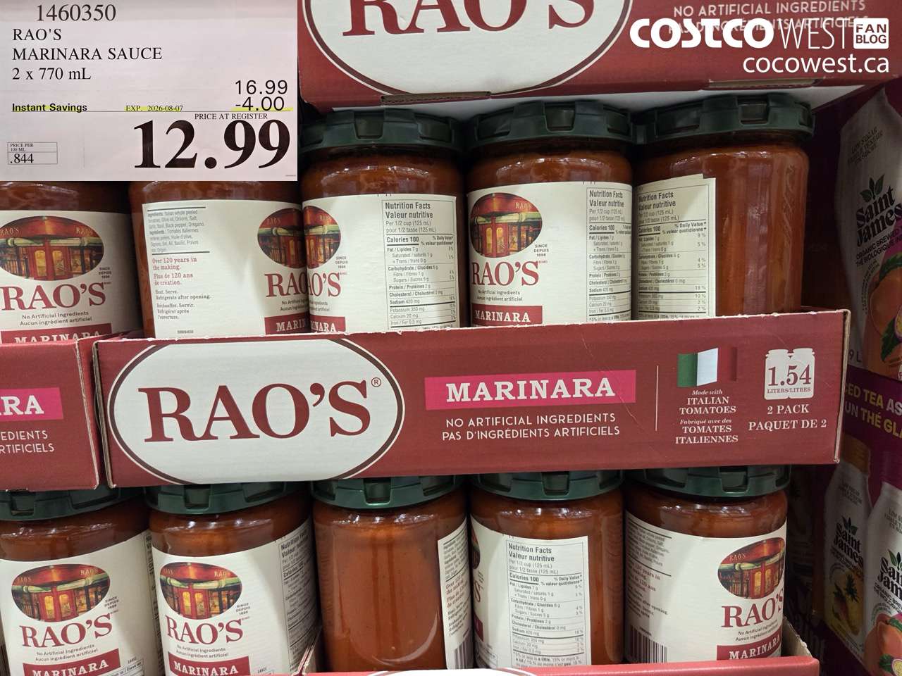 1460350 RAO'S MARINARA SAUCE 2 X 770 ML ($4.00 INSTANT SAVINGS EXPIRES ON 2026-08-07) $12.99