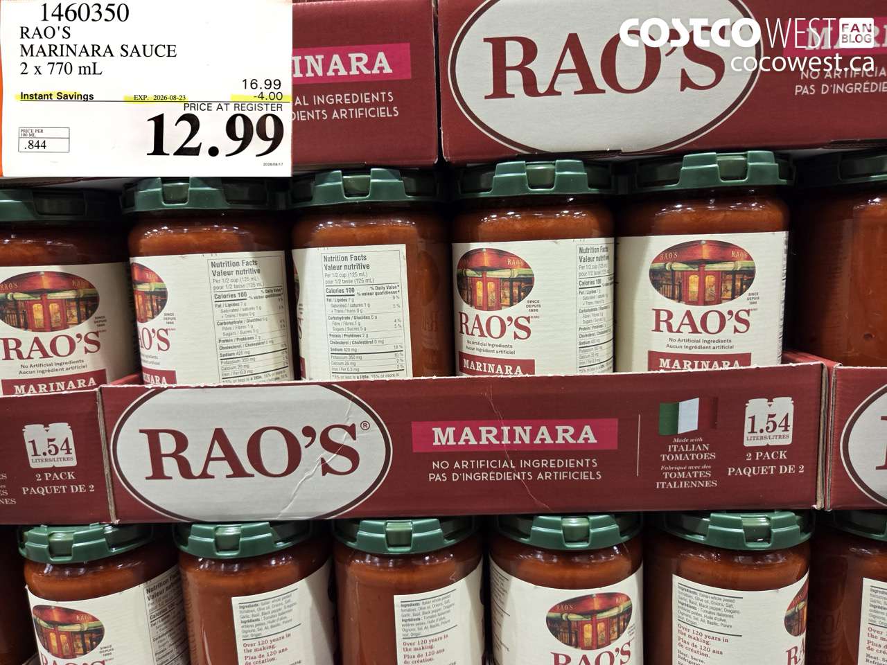 1460350 RAO'S MARINARA SAUCE 2 X 770 ML ($4.00 INSTANT SAVINGS EXPIRES ON 2026-08-23) $12.99