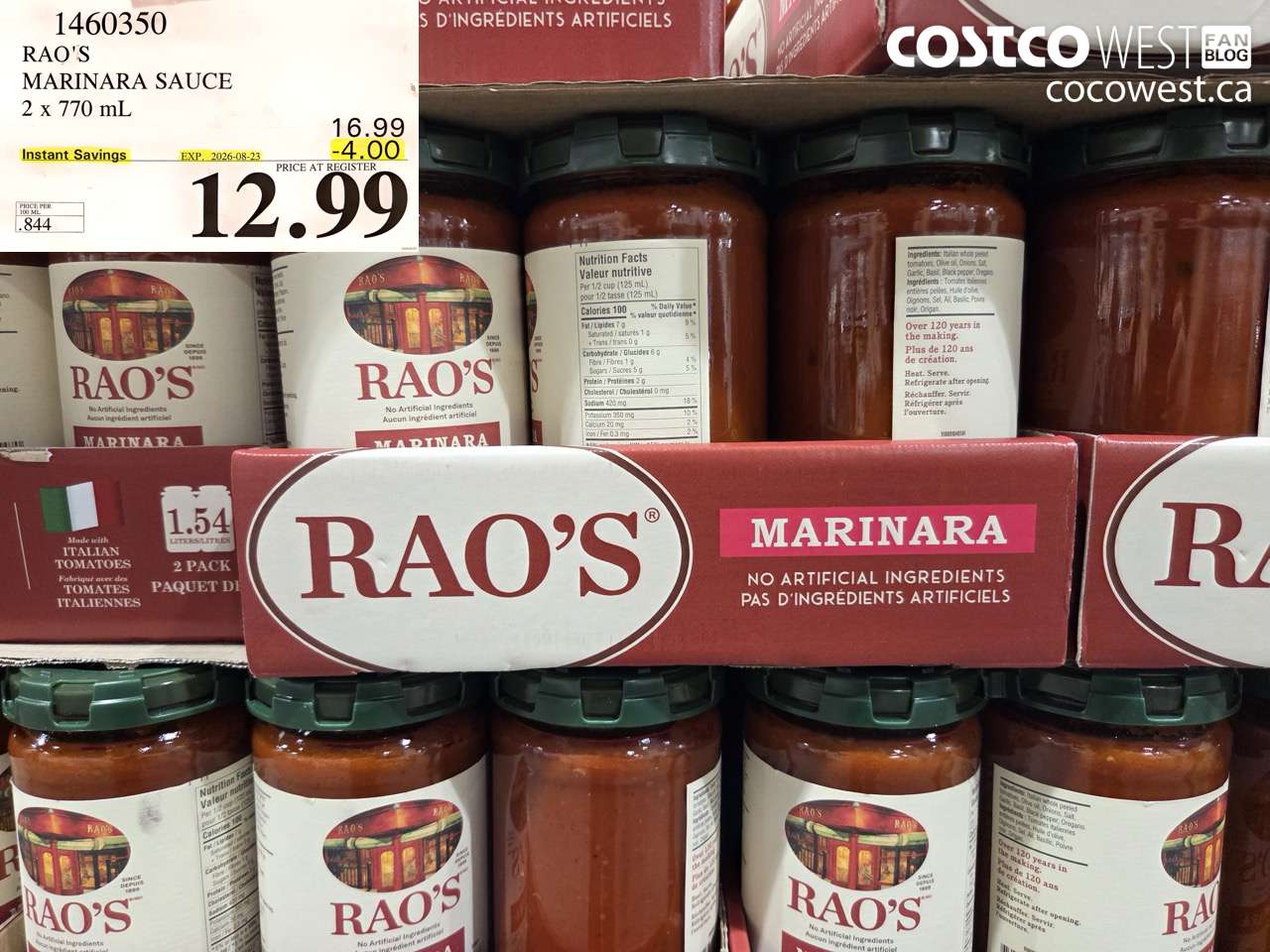 1460350 RAO'S MARINARA SAUCE 2 X 770 ML ($4.00 INSTANT SAVINGS EXPIRES ON 2026-08-23) $12.99