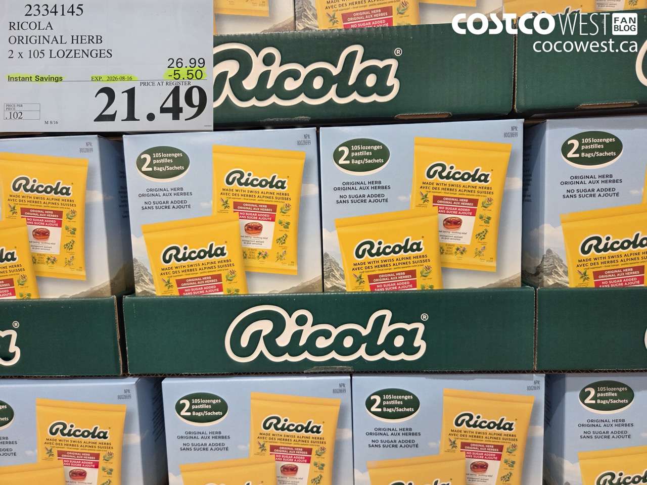 2334145 RICOLA ORIGINAL HERB 2 X 105 LOZENGES ($5.50 INSTANT SAVINGS EXPIRES ON 2026-08-16) $21.49