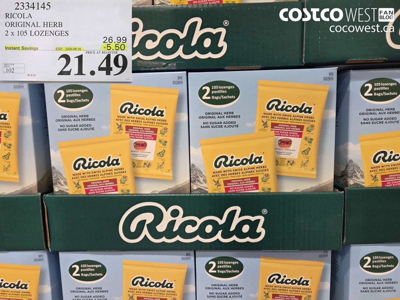 2334145 RICOLA ORIGINAL HERB 2 X 105 LOZENGES ($5.50 INSTANT SAVINGS EXPIRES ON 2026-08-16) $21.49