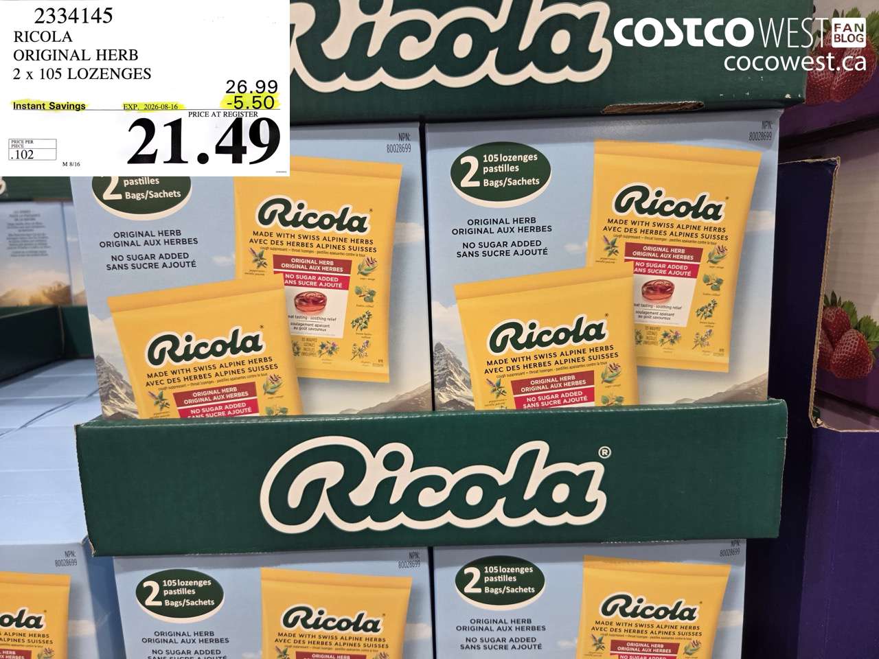 2334145 RICOLA ORIGINAL HERB 2 X 105 LOZENGES ($5.50 INSTANT SAVINGS EXPIRES ON 2026-08-16) $21.49