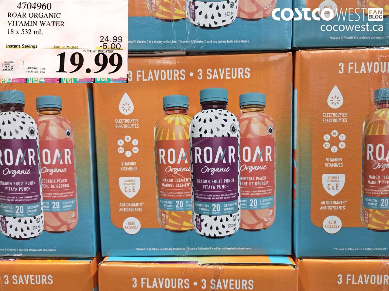 4704960 ROAR ORGANIC VITAMIN WATER 18 X 532 ML ($5.00 INSTANT SAVINGS EXPIRES ON 2026-08-30) $19.99
