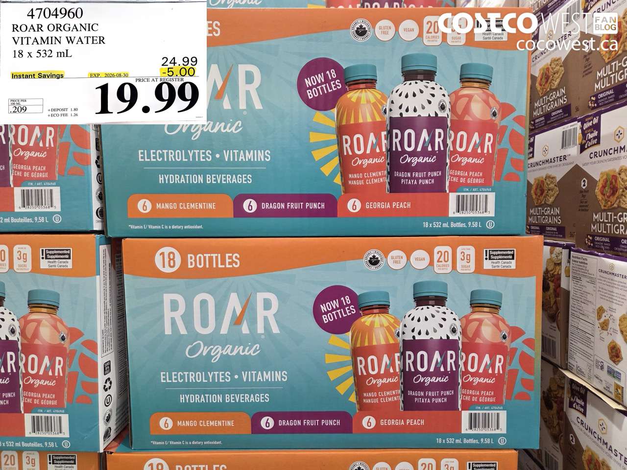 4704960 ROAR ORGANIC VITAMIN WATER 18 X 532 ML ($5.00 INSTANT SAVINGS EXPIRES ON 2026-08-30) $19.99