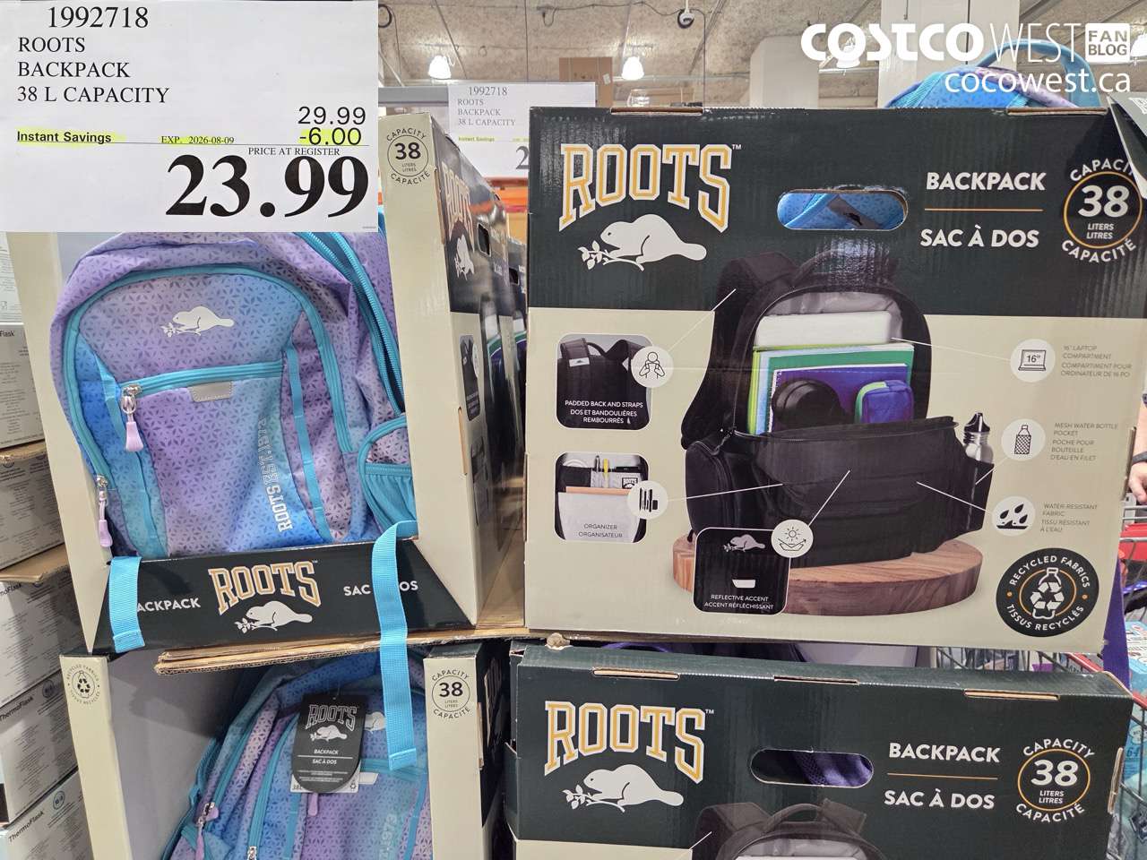 1992718 ROOTS BACKPACK 38 L CAPACITY ($6.00 INSTANT SAVINGS EXPIRES ON 2026-08-09) $23.99