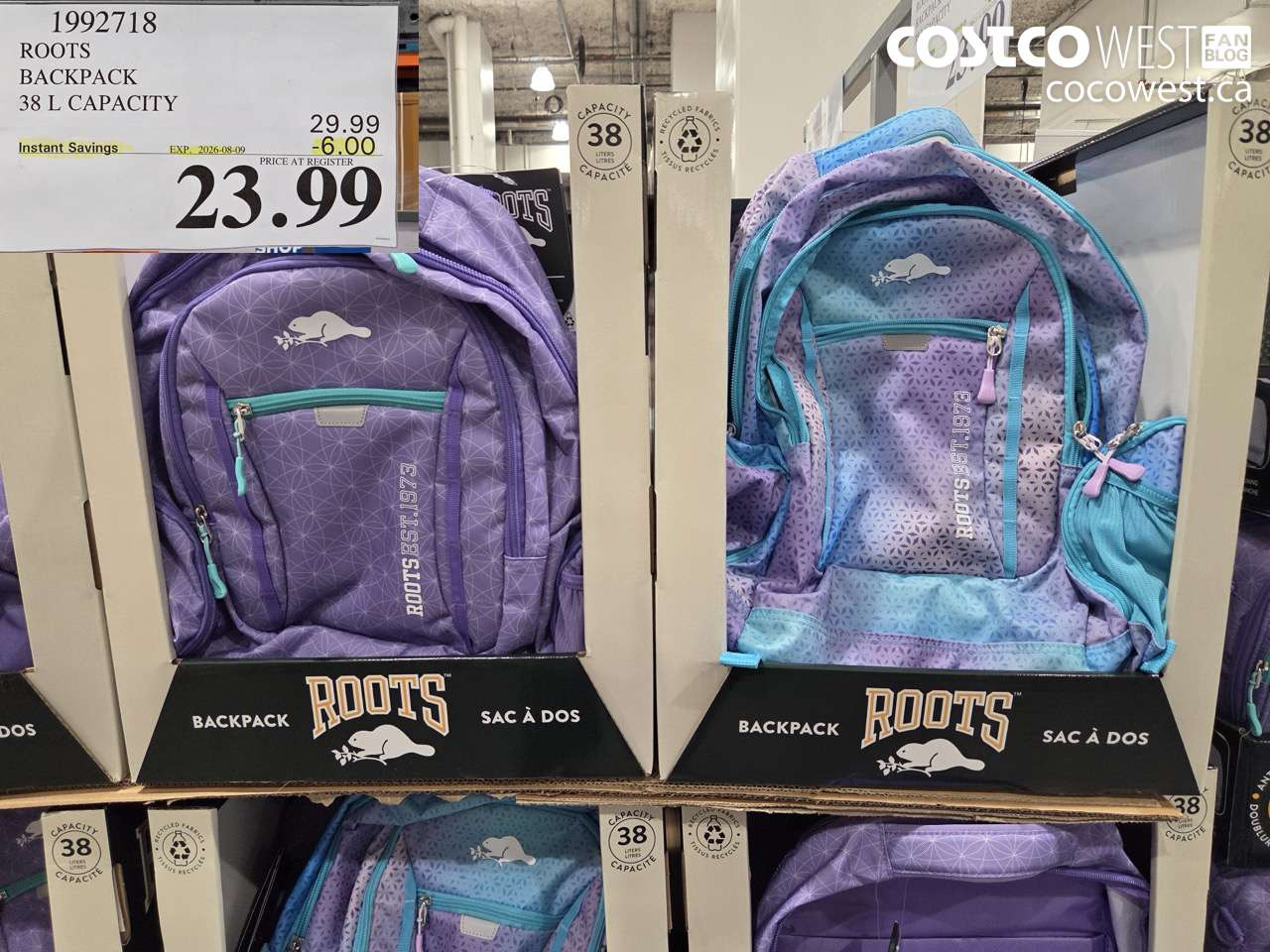 1992718 ROOTS BACKPACK 38 L CAPACITY ($6.00 INSTANT SAVINGS EXPIRES ON 2026-08-09) $23.99