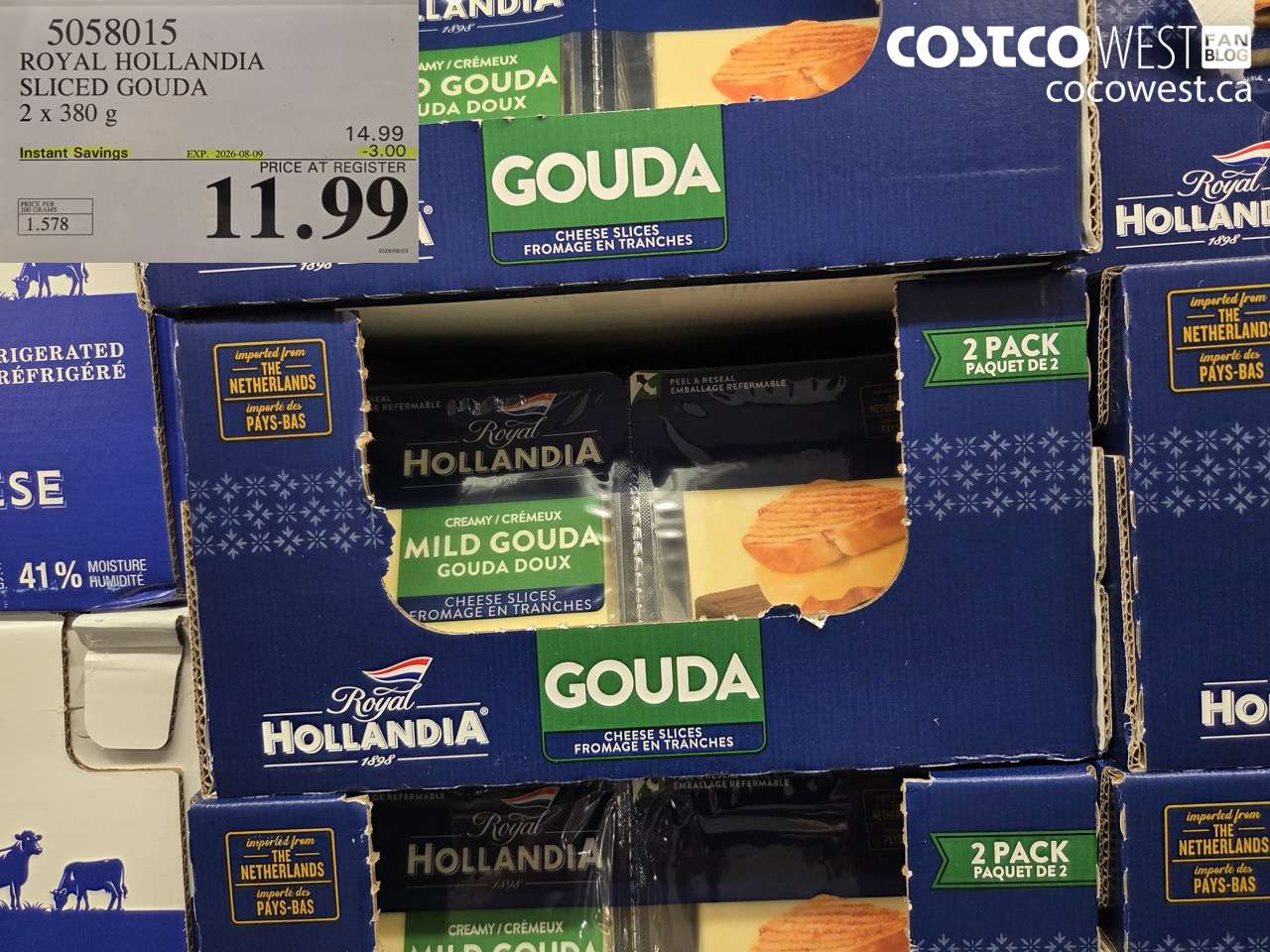 5058015 ROYAL HOLLANDIA SLICED GOUDA 2 X 380 G ($3.00 INSTANT SAVINGS EXPIRES ON 2026-08-09) $11.99