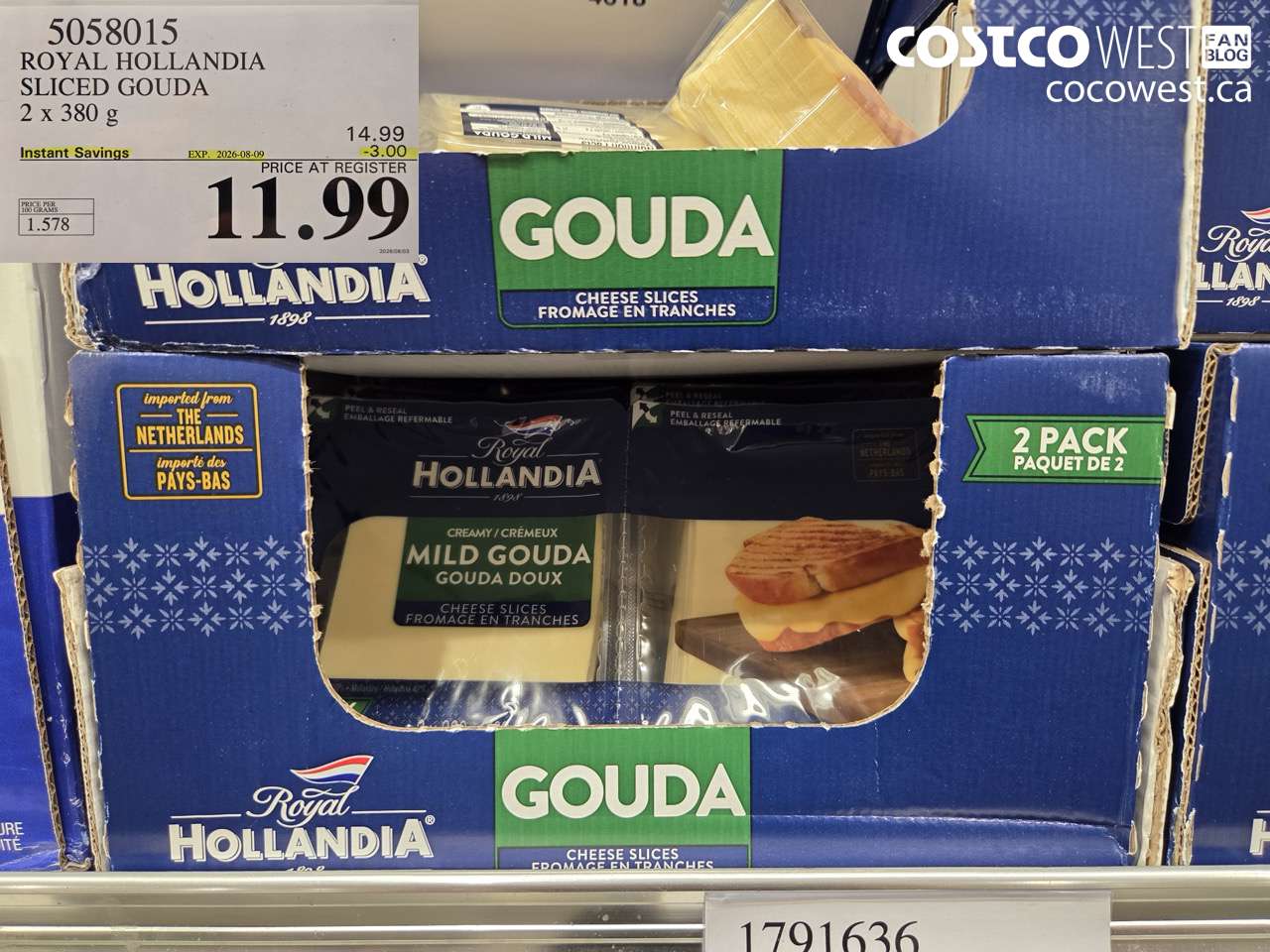 5058015 ROYAL HOLLANDIA SLICED GOUDA 2 X 380 G ($3.00 INSTANT SAVINGS EXPIRES ON 2026-08-09) $11.99