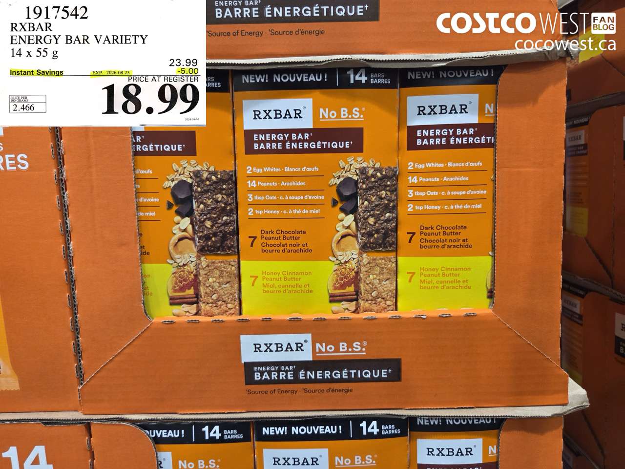 1917542 RXBAR ENERGY BAR VARIETY 14 X 55 G ($5.00 INSTANT SAVINGS EXPIRES ON 2026-08-23) $18.99