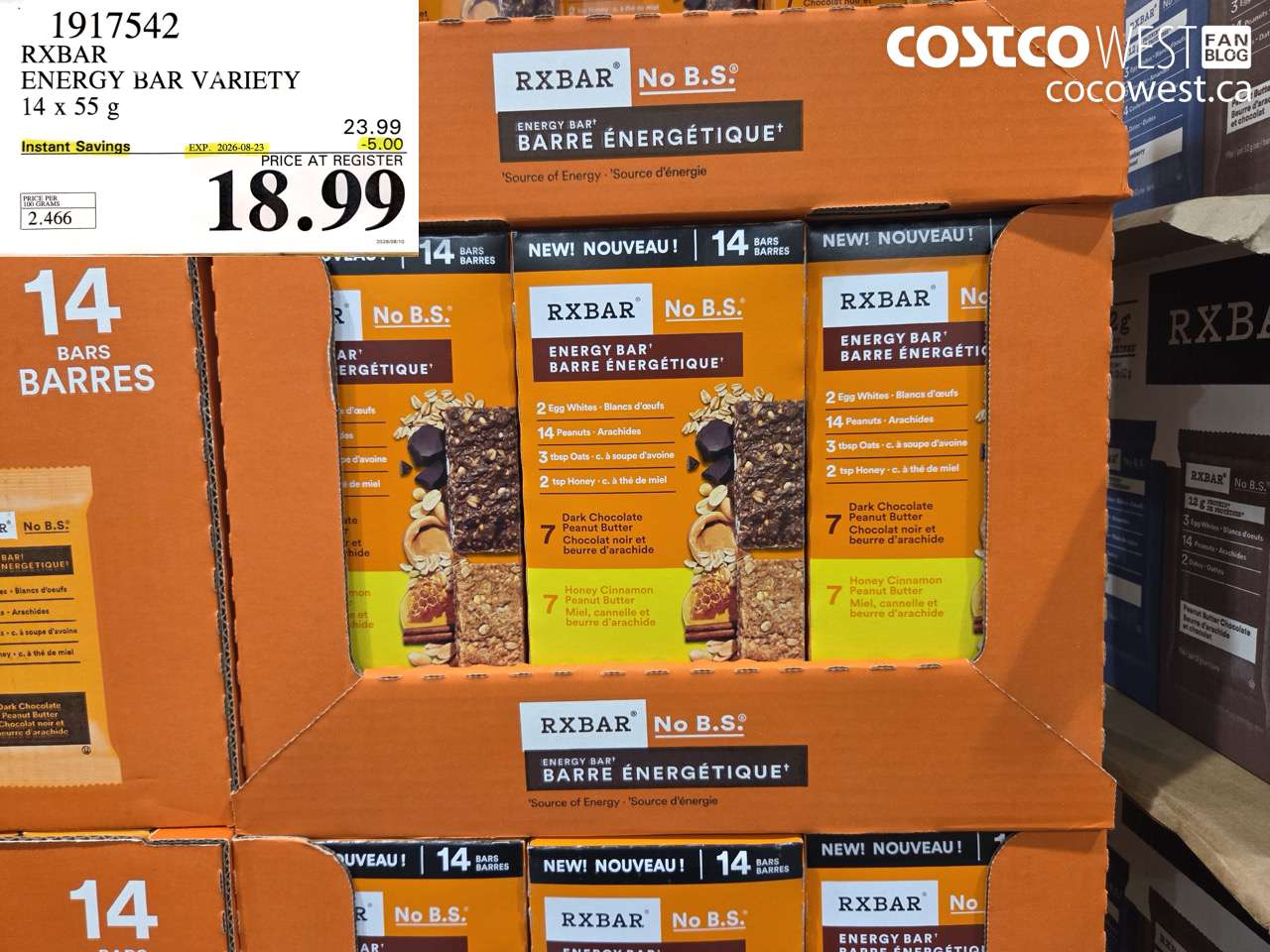 1917542 RXBAR ENERGY BAR VARIETY 14 X 55 G ($5.00 INSTANT SAVINGS EXPIRES ON 2026-08-23) $18.99