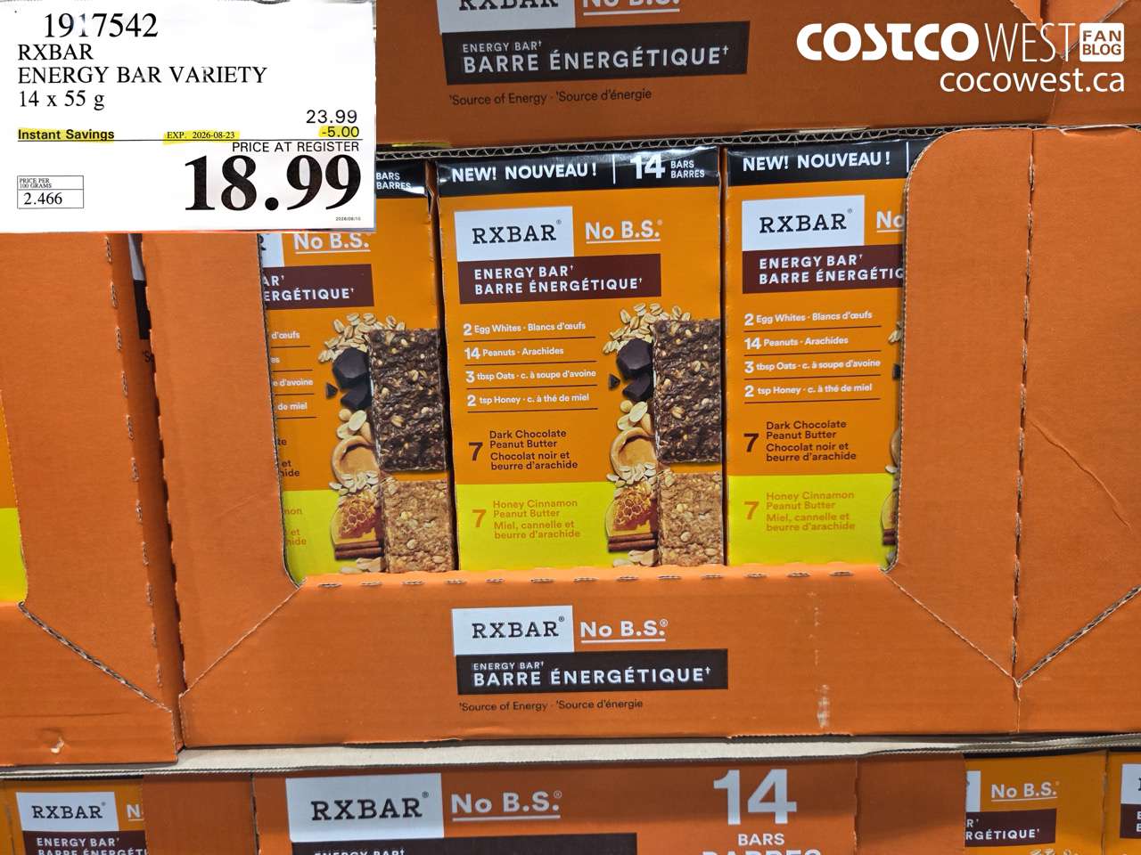 1917542 RXBAR ENERGY BAR VARIETY 14 X 55 G ($5.00 INSTANT SAVINGS EXPIRES ON 2026-08-23) $18.99