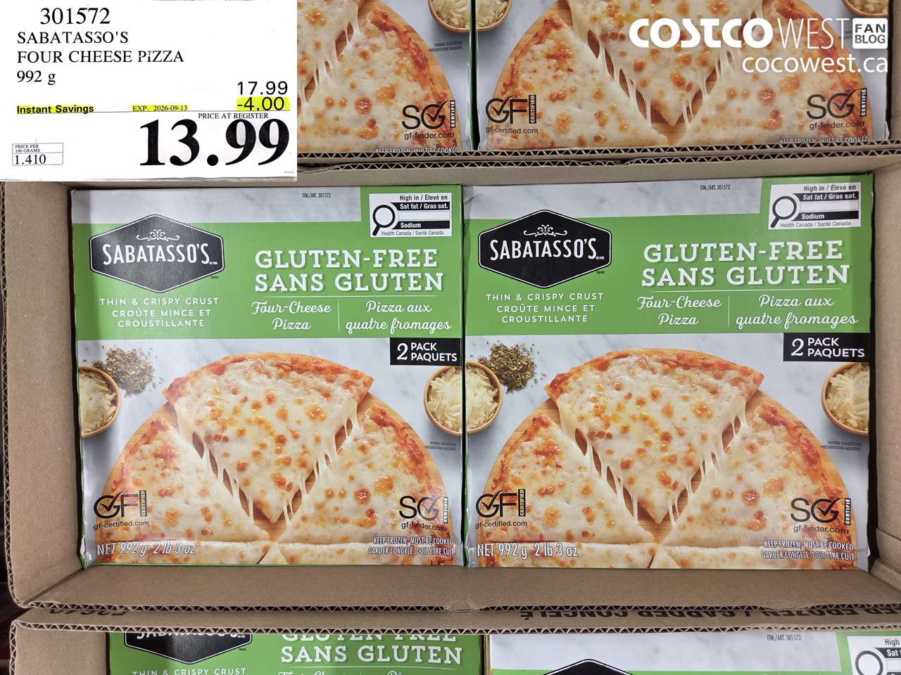301572 SABATASSO'S FOUR CHEESE PIZZA 992 G ($4.00 INSTANT SAVINGS EXPIRES ON 2026-09-13) $13.99