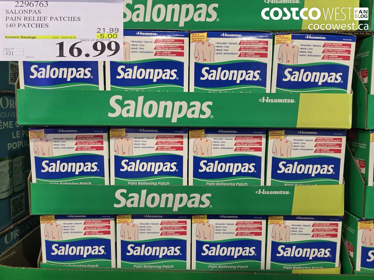 2296763 SALONPAS PAIN RELIEF PATCHES 140 PATCHES ($5.00 INSTANT SAVINGS EXPIRES ON 2026-08-30) $16.99
