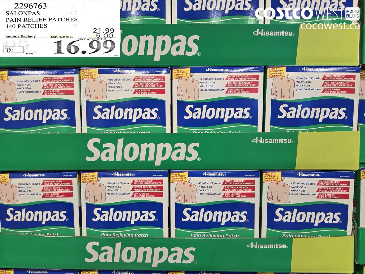 2296763 SALONPAS PAIN RELIEF PATCHES 140 PATCHES ($5.00 INSTANT SAVINGS EXPIRES ON 2026-08-30) $16.99