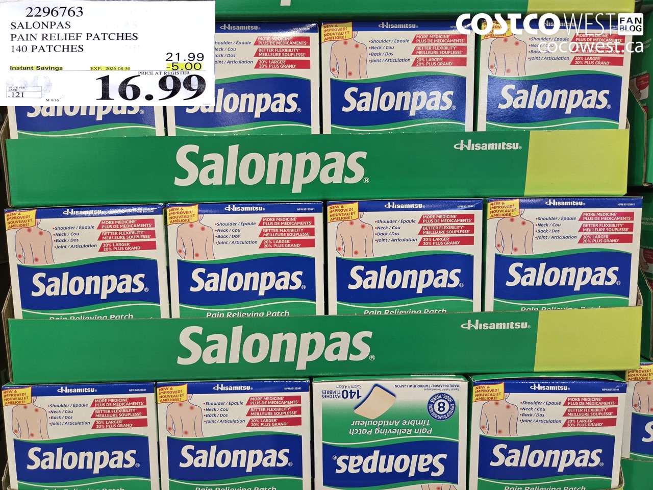 2296763 SALONPAS PAIN RELIEF PATCHES 140 PATCHES ($5.00 INSTANT SAVINGS EXPIRES ON 2026-08-30) $16.99