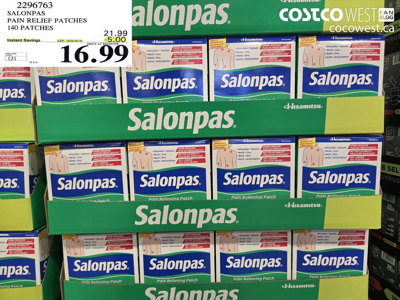 2296763 SALONPAS PAIN RELIEF PATCHES 140 PATCHES ($5.00 INSTANT SAVINGS EXPIRES ON 2026-08-30) $16.99