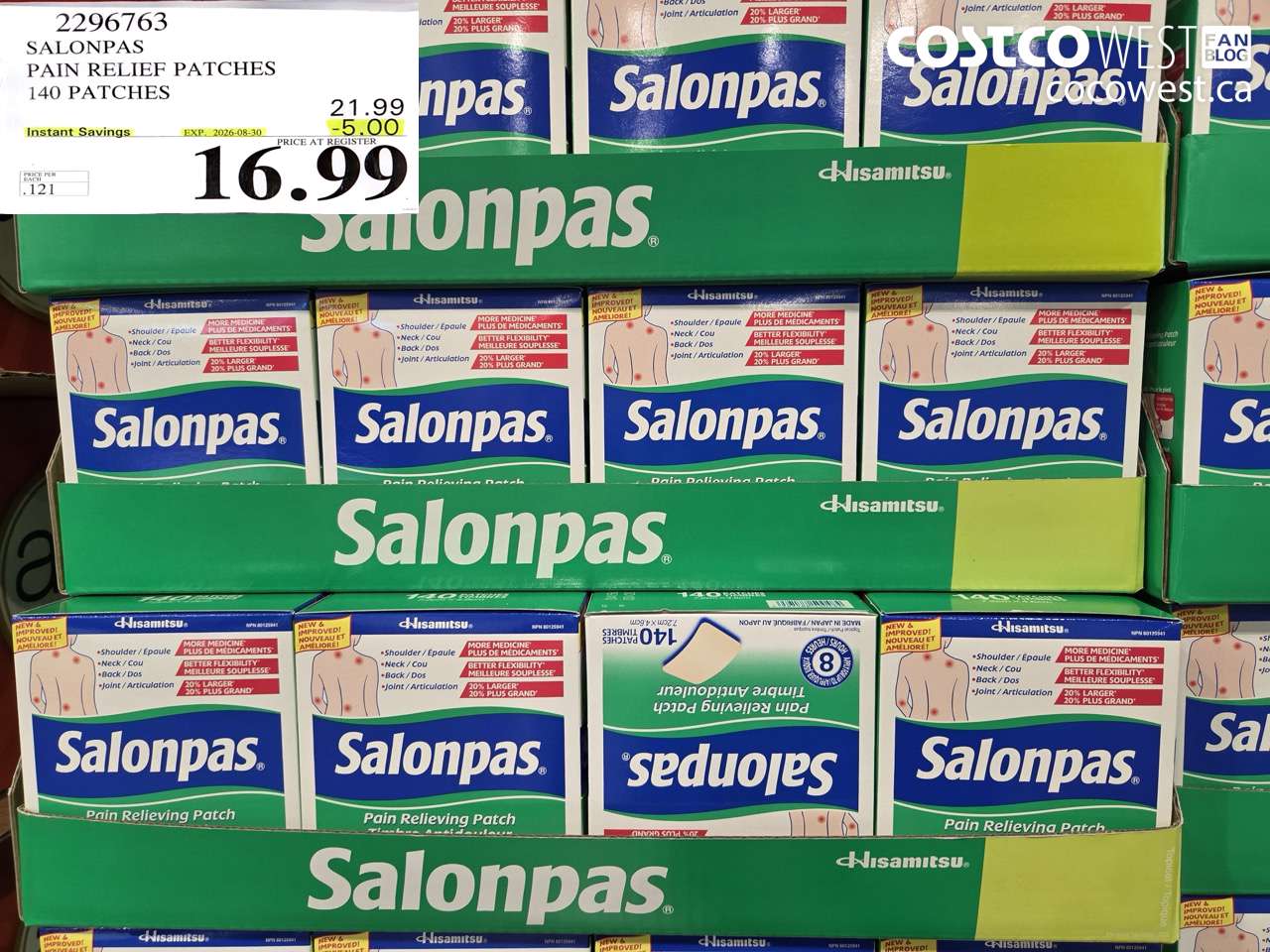 2296763 SALONPAS PAIN RELIEF PATCHES 140 PATCHES ($5.00 INSTANT SAVINGS EXPIRES ON 2026-08-30) $16.99