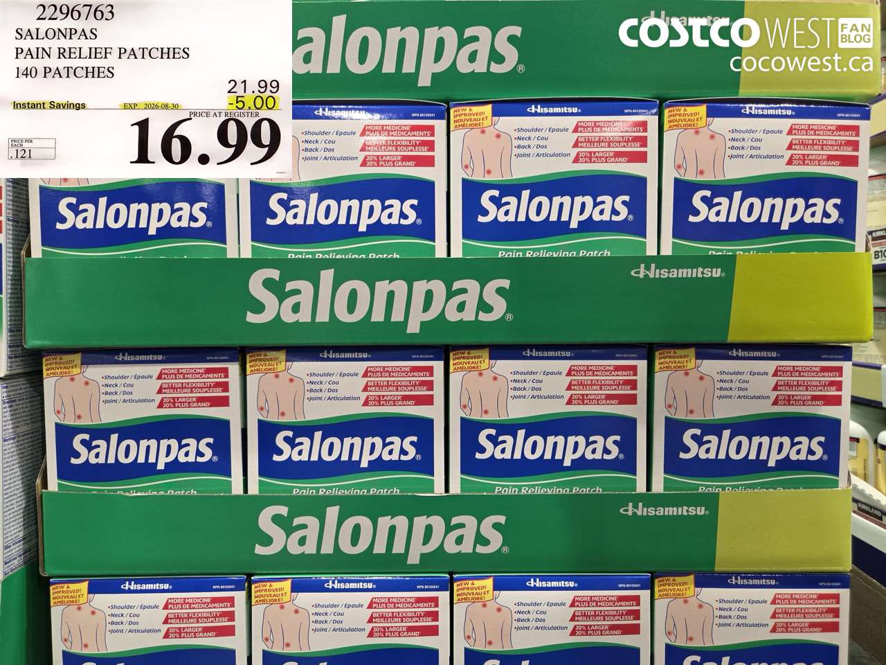 2296763 SALONPAS PAIN RELIEF PATCHES 140 PATCHES ($5.00 INSTANT SAVINGS EXPIRES ON 2026-08-30) $16.99